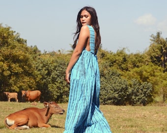 Kirana Tie Dye sun dress, Hand tie dye sun dress, maxi dress, tiered Maxi dress