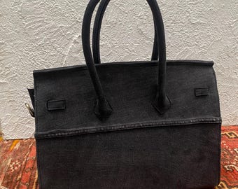 Upcycle Denim Bag, 40 cm Eco-Friendly Jeans Bag, Handmade Upcycle Jeans Bag, Black Wash Jeans Bag