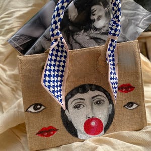 Vintage Girl Hand-Painted Jute Bag, Upcycle Jute Bag, Hand Painted Bag