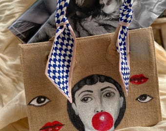 Vintage Girl Hand-Painted Jute Bag, Upcycle Jute Bag, Hand Painted Bag