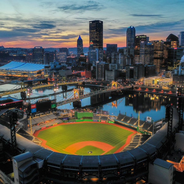 PNC Park and Pittsburgh Skyline at Sunrise