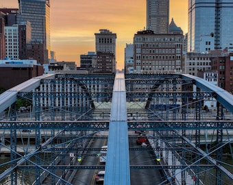 The top of the Smithfield Street bridge and Pittsburgh skyline at sunrise - Pittsburgh, PA