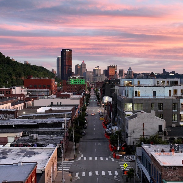 Cotton candy sunset sky over the strip district and downtown Pittsburgh