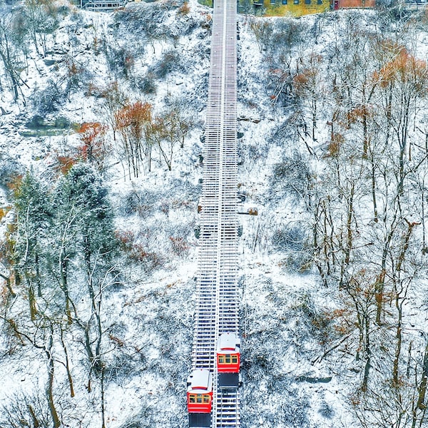Twin Duquesne Incline Cable Cars after the snowfall