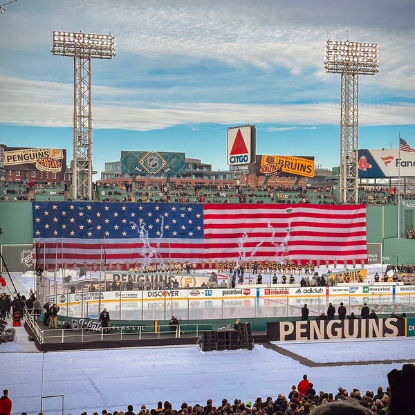 National Anthem both Teams lined up in front of the flag Winter Classic at Fenway Park - Pittsburgh Penguins Boston Bruins - Green Monster