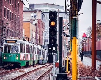 The Green Line approaches Fenway station - CITGO Sign - Fenway Park - Boston print