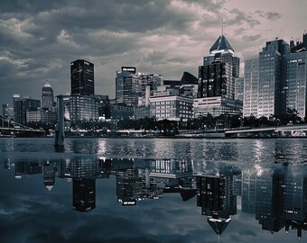 Black and White Pittsburgh skyline puddle reflection