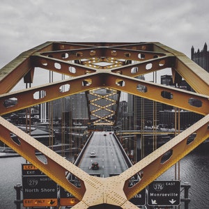 Fort Pitt Bridge Tunnel view skyline - Pittsburgh Christmas - Portrait Perspective