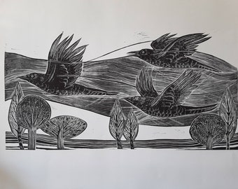 As the Crow Flies 2 original hand printed linocut