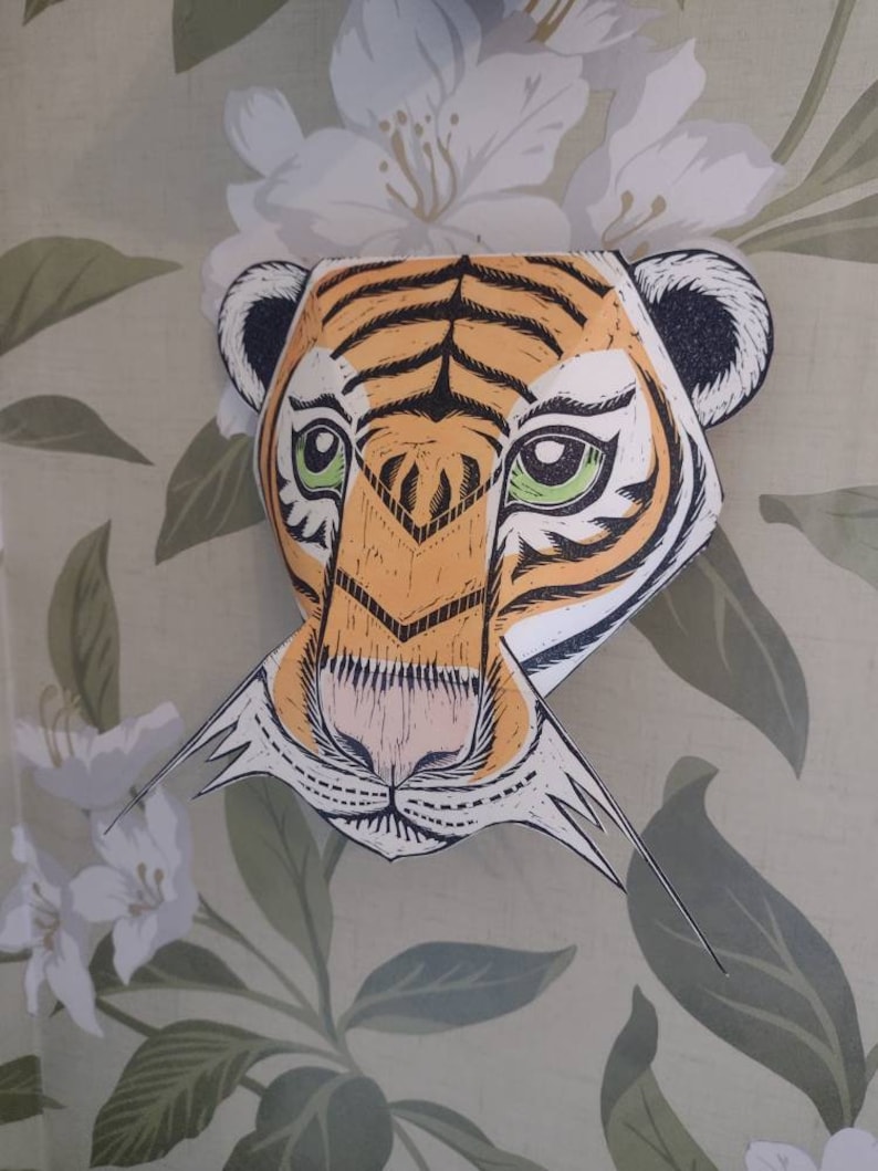 Hand printed linocut wall mounted Tiger Head image 5