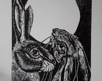 Moon Gazing Hares linocut print