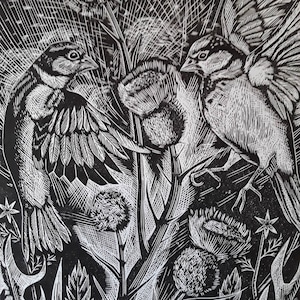 Sparrows and Thistles linocut print