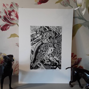 Washing Day (birds eye view) linocut print.