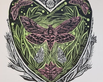 Handgezeichneter Original-Linoldruck The Garden's Heart