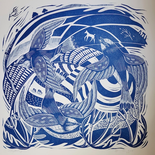 Sky Dancing original hand pulled linocut print