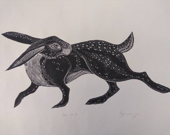 Hare 1 hand pulled original linocut print