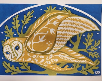 Owl original linocut print
