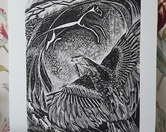 Red Kite over Uffington linocut print