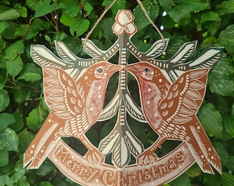 Robins and Mistletoe Christmas keepsake linocut art card