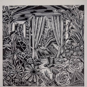 The Gardener&#39;s Rest original hand pulled linocut print
