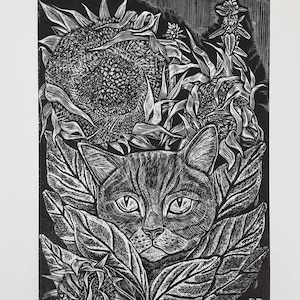Peeping Tom Cat original com impressão em linogravura puxada à mão