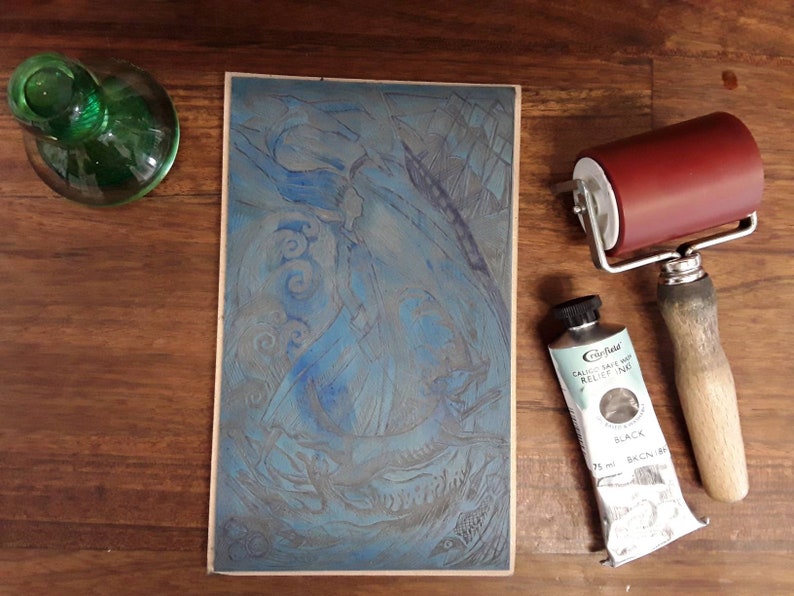 I started early-took my dog original linocut print