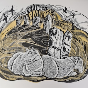 May include: Black and white woodcut print of a landscape with two sheep resting in the foreground. The background features a stone circle and trees with a swirling pattern.