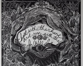 Hold with the Hare original hand pulled linocut print