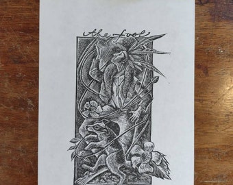 The Fool Tarot inspired original linocut print