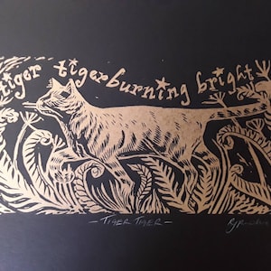 Tiger Tiger linocut print in gold