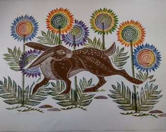 Hare in Asters I original hand pulled linocut and monoprint. Single Edition.