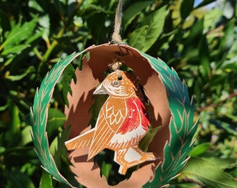 Holly and Robin linocut 3d Christmas greetings card decoration