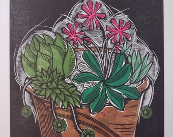 The Lewisia Pot original linocut print