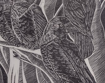 Roost original hand pulled linocut print