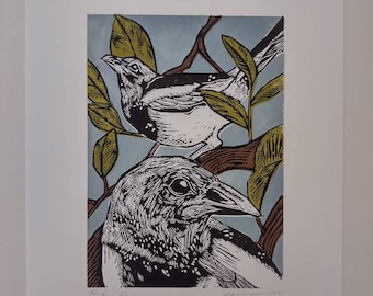 Two for Joy original hand pulled coloured linocut print