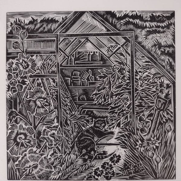 The Greenhouse Cat original hand pulled linocut print