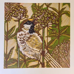 Seed Gathering limited edition reduction linocut print