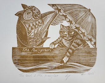 The Owl and the Pussycat original hand printed linocut