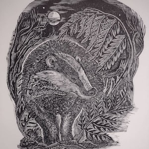 Midnight at West Woods original hand pulled linocut print