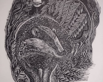 Midnight at West Woods original hand pulled linocut print