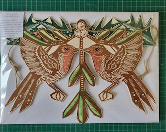 Christmas Robins and Holly original linocut garland