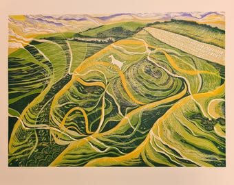 Linee di gesso - Tramonto a Milk Hill, stampa linoleografica in edizione limitata