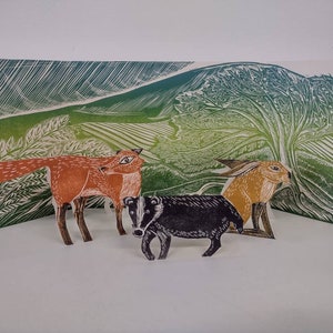 Woodland Creatures hand printed and hand made linocut Diorama Card.