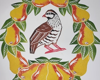 Partridge in a Pear Tree original linocut garland