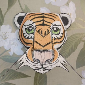 Hand printed linocut wall mounted Tiger Head image 1
