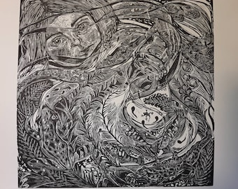 Pond Dipping original hand pulled linocut print