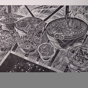 Winter Succulents original hand pulled linocut print