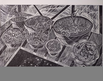 Winter Succulents original hand pulled linocut print