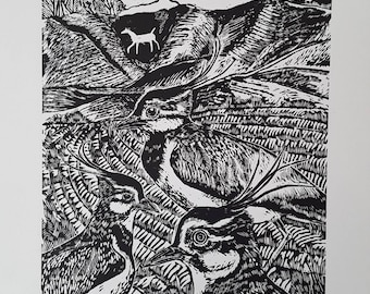 Lapwings at Cherhill Linocut print