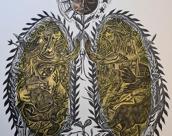 Wild Folk original hand pulled linocut print